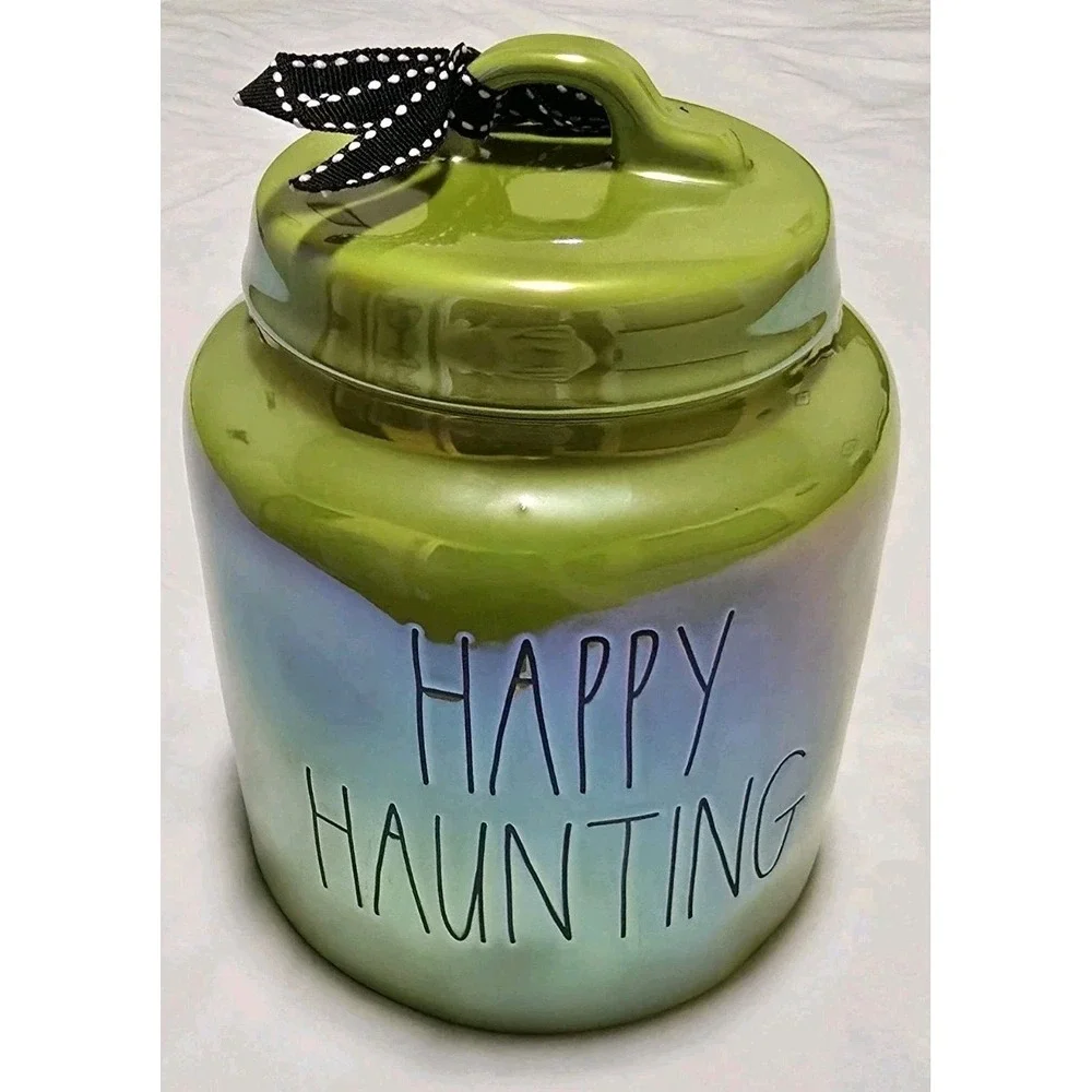 Rae Dunn Artisian Collection Lime Green Ceramic Happy Haunting Canister With Lid